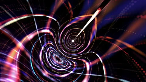 Colorful neon light grid mesh hypnotic cyber wire frame tunnel Video stock 159743831