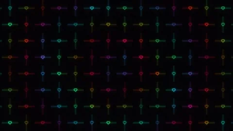 Colorful neon pattern with hearts and keys on dark Stock Footage 338289885