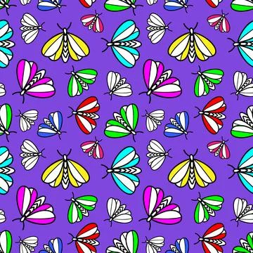Colorful neon pattern with multicolored Moths Stock Illustration