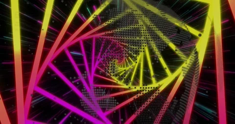 Colorful neon spiral framework animating in 3D digital tunnel with glowing beams Stock Footage 329234190