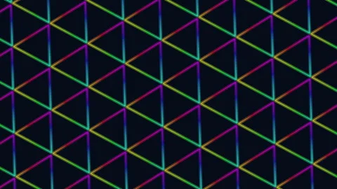 Colorful neon triangle pattern background with glowing gradient lines in motion Stockbeeldmateriaal 333160185