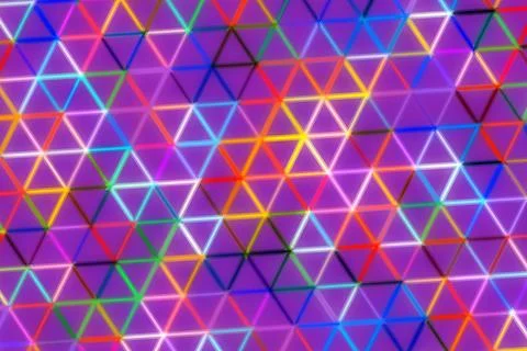 Colorful neon triangles pattern on vibrant purple background Stock Photos