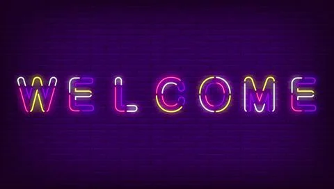 Colorful Neon Welcome Typography On Blue Brick Wall Stock Illustration