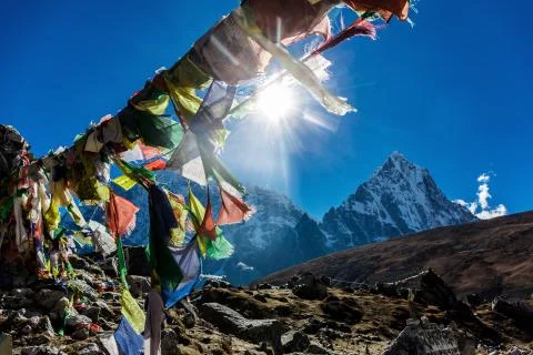 Colorful Nepalese flags 库存照片
