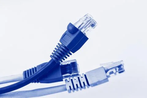 Colorful network cable with RJ45 connectors, blue network cable Stock Photos