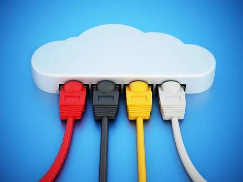 Colorful network cables connected to the cloud shape. 3D illustration 库存插图