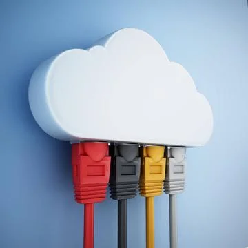 Colorful network cables connected to the cloud shape. 3D illustration Colo... Stock Photos