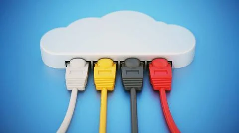 Colorful network cables connected to the cloud shape. 3D illustration Colo... Foto stock
