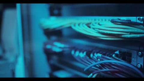 Colorful Network Cables in Server Rack, Blue Lit Data Center, Close Up Shot Stock Footage 340299520
