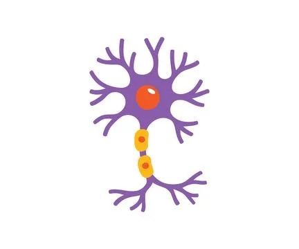 Colorful neuron with multiple dendrites and axon. Cartoon design in purple and Stock Illustration