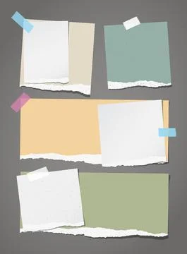 Colorful note, notebook paper pieces with torn edge stuck on dark gray backgroud Stock Illustration