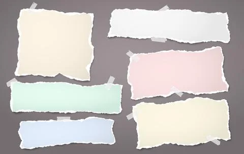 Colorful note, notebook paper strips with torn edges stuck on brown background Illustrazione stock