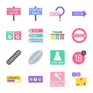 Colorful Notification and System Status Icon Set with Bold Text Tags Stockillustratie