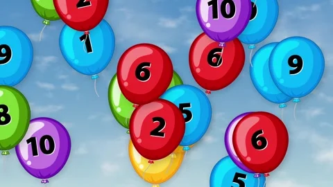 Colorful Numbered Balloons Floating Upward Against a Blue Cloudy Sky Stock Footage 344931060