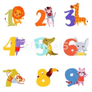 Colorful numbers from 1 to 9 and animals. Cartoon lion, zebra, giraffe Stock Illustration