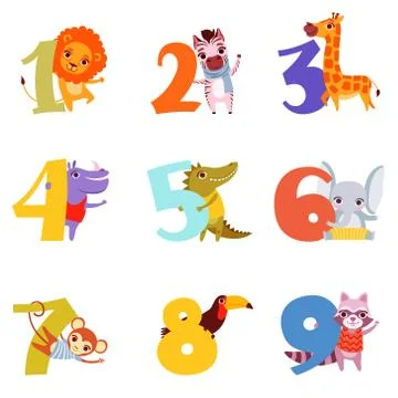 Colorful numbers from 1 to 9 and animals. Cartoon lion, zebra, giraffe Stock Illustration