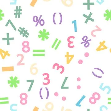Colorful numbers, math symbols and formulas seamless pattern. Kindergarten,.. Illustrazione stock