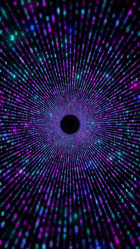 Colorful numeric data vortex glowing rows, deep black core, fast perspective mot Stock Footage 340455372