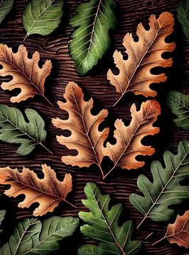 Colorful oak tree leaves pattern on wood background. Stock Illustration