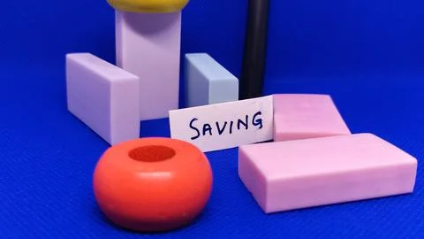 Colorful Objects Arranged with Saving Text on Blue Background Stock Photos