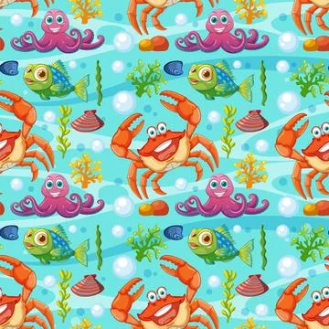 Colorful Ocean Creatures Seamless Pattern Illustrazione stock