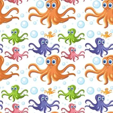 Colorful Octopus Pattern with Bubbles Stock Illustration
