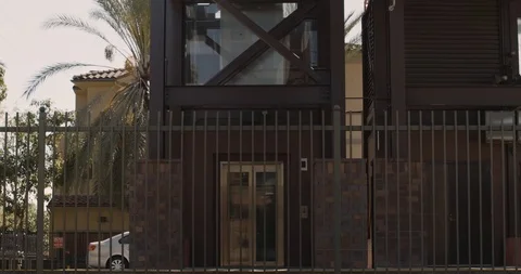 Colorful old elevator outside the bridge Stock Footage 126158793