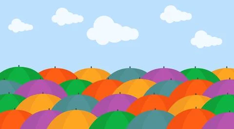 Colorful open umbrellas pattern background with blue sky and white clouds Stock-Illustration