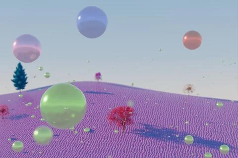 Colorful orbs float above a whimsical landscape of purple hills and trees Illustrazione stock