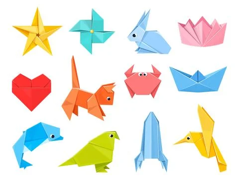 Colorful origami elements. Folded colored paper sheets, polygonal geometric 库存插图