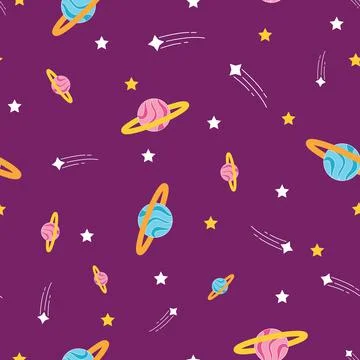 Colorful outer space repeat pattern on purple background Stock Illustration