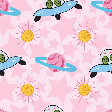 Colorful outer space repeat pattern on pink background Stock Illustration