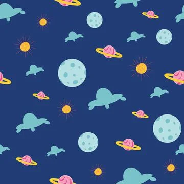Colorful outer space repeat pattern on dark blue background Stock Illustration