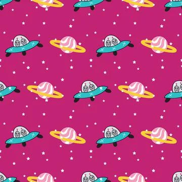 Colorful outer space repeat pattern on pink background Stock Illustration