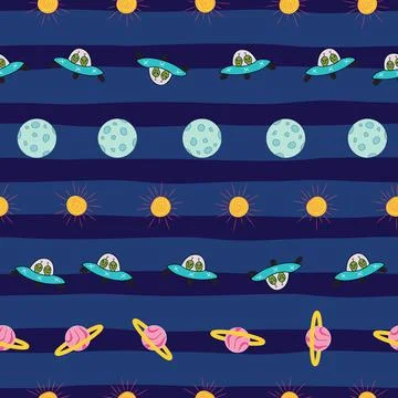 Colorful outer space repeat pattern on blue stripes イラスト素材