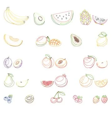 Colorful outline fruit. Set of vector illustrations. Healthy food, vegan, v.. 스톡 일러스트
