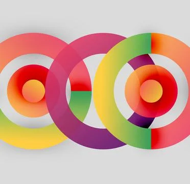 Colorful overlapping circles create abstract design. Gradient shades blend, 스톡 일러스트