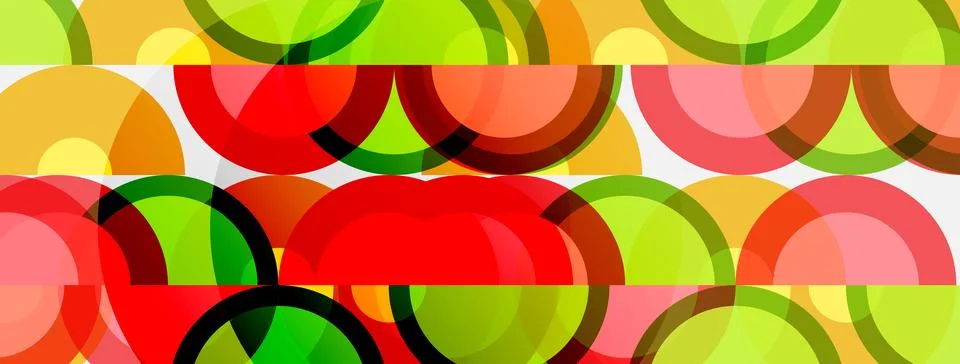 Colorful overlapping circles create abstract pattern. Bright hues blend, fo.. Illustrazione stock
