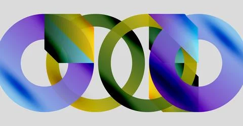 Colorful overlapping circles create infinity symbol. Gradient hues blend, 스톡 일러스트
