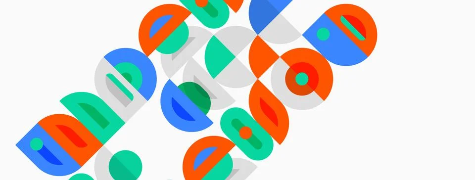Colorful overlapping circles, squares create abstract pattern. Bright hues Illustrazione stock