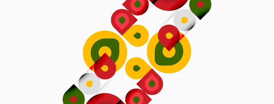Colorful overlapping circles, squares create abstract design. Bright hues Illustrazione stock