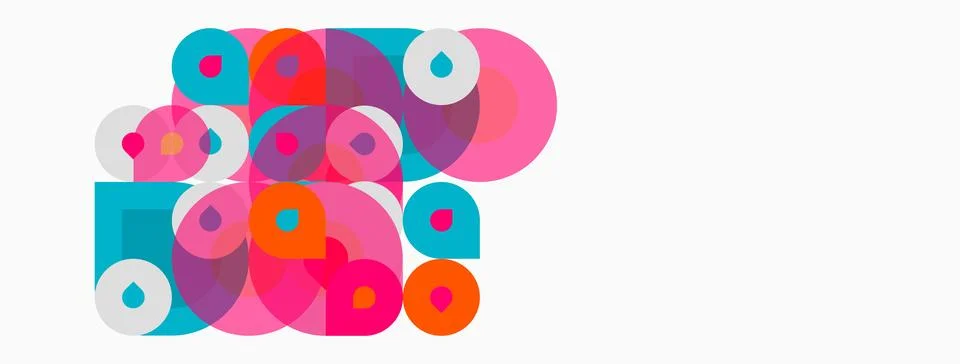 Colorful overlapping circles, squares create abstract composition. Bright hue 스톡 일러스트
