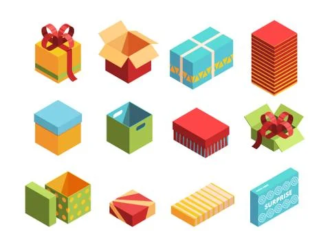 Colorful packages isometric 3D vector illustrations set Stock-Illustration