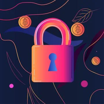 Colorful padlock with keyhole surrounded by floating coins abstract leaves and Stock Illustration