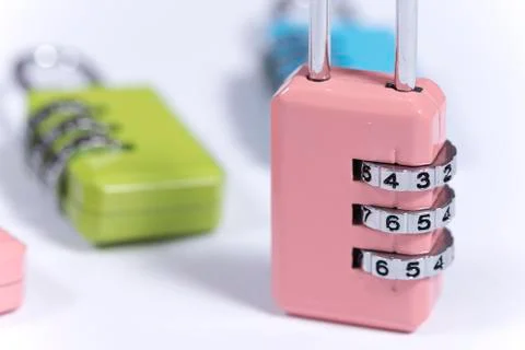 Colorful padlocks with numerical code for locking Stock Photos