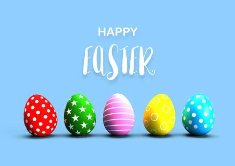 Colorful painted Easter eggs with calligraphy text on blue floor backgroun... Stock Photos