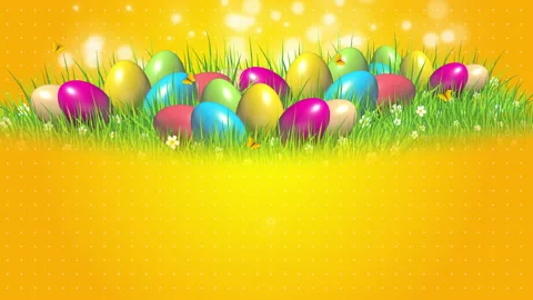 Colorful painted Easter eggs on green grass with flowers and butterflies. Stock Footage 235452327