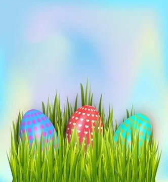 Colorful painted Easter eggs hidden in green grass on sky background. Stock Illustration