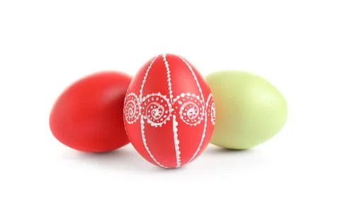 Colorful painted Easter eggs on white background Stock Photos