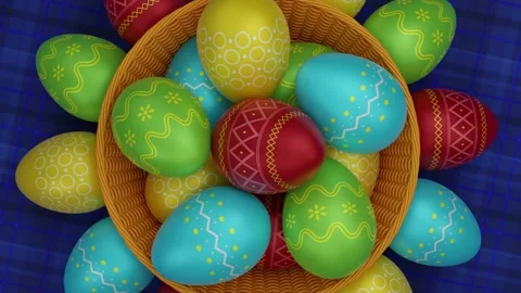 Colorful painted Easter eggs in wicker basket Stock Footage 234164401